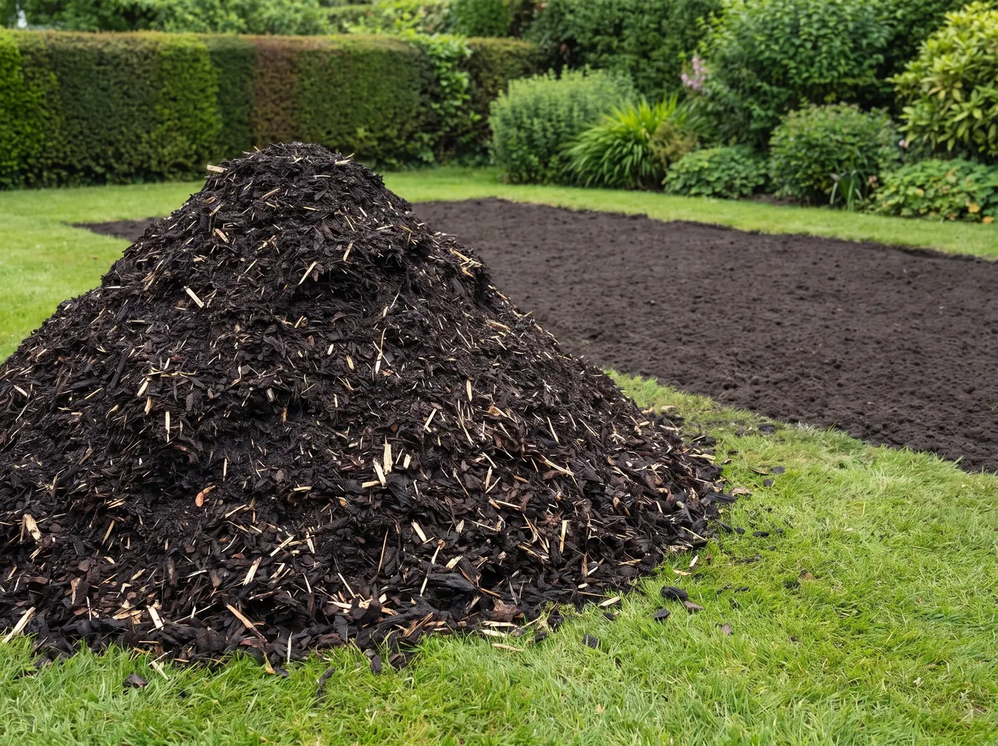 Frisch abgekippter Haufen Rindenmulch auf dem Rasen neben einem vorbereiteten Beet