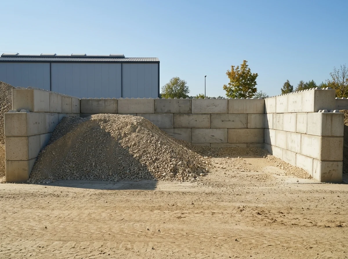 Kalkschotter 0/45 in der Betonbox am Lagerplatz von BBV König